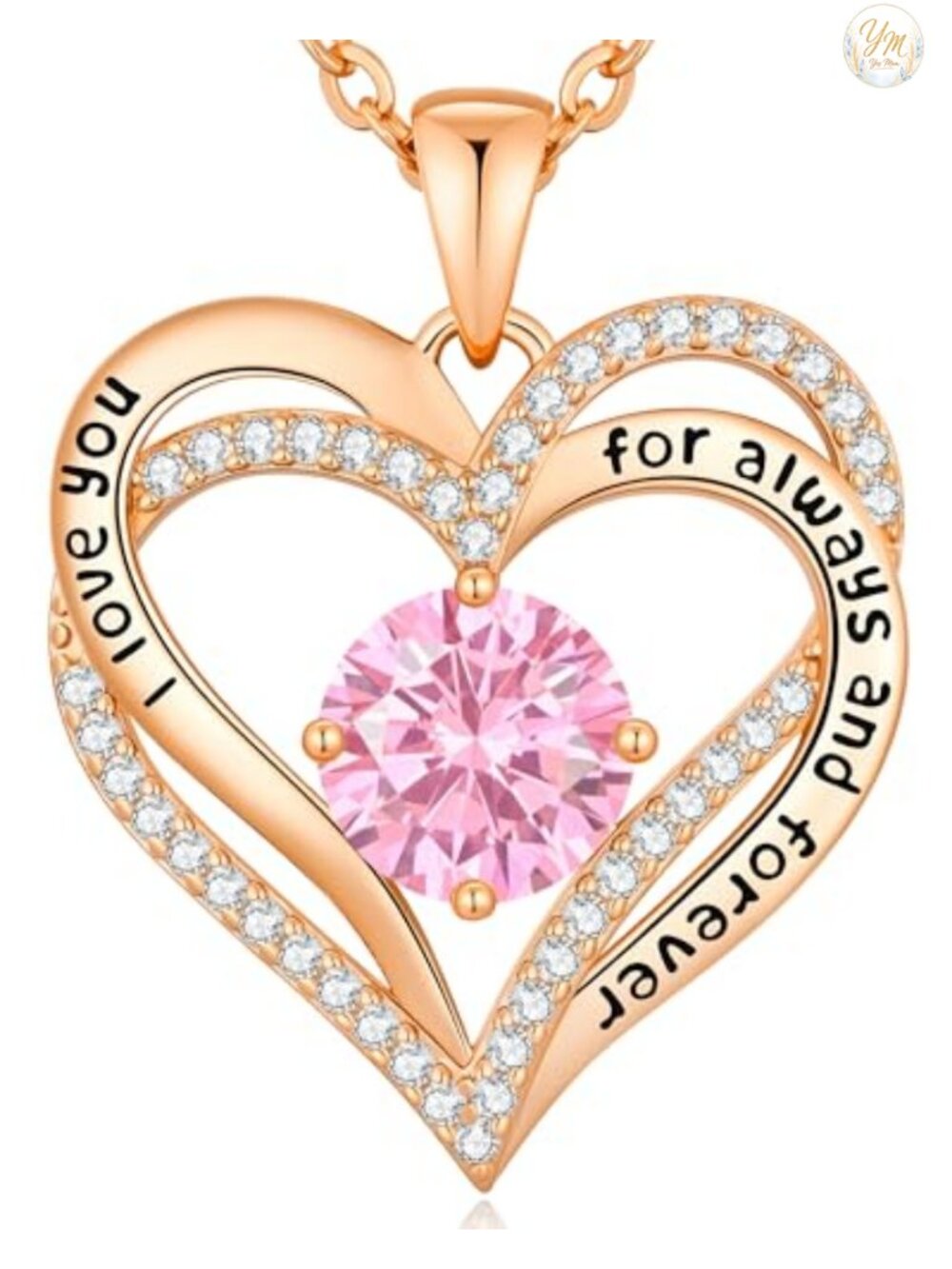 18K Rose Gold Plated Double Heart Pendant Necklace with Cubic Zirconia